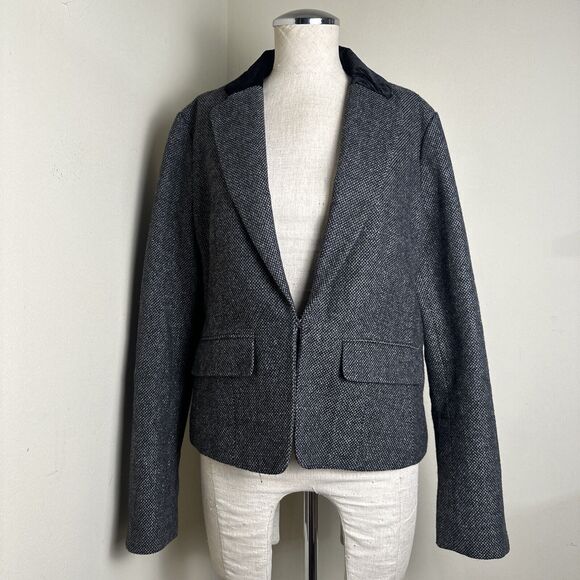 American Eagle Gray Black Silver Tweed Blazer Wool Blend Velvet Collar Sz L - Picture 1 of 13